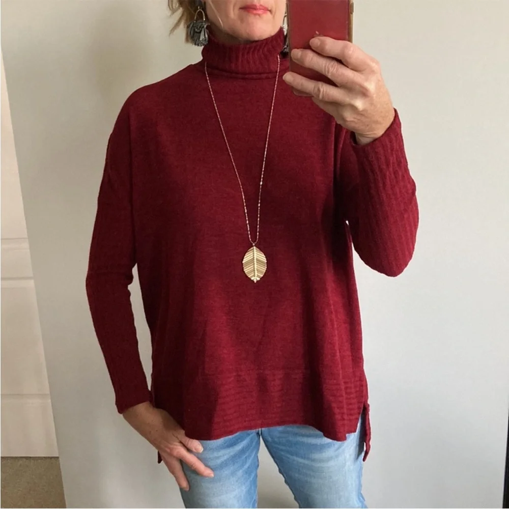 Burgundy Color Long Sleeve Turtleneck Sweater - Picture 3 of 9